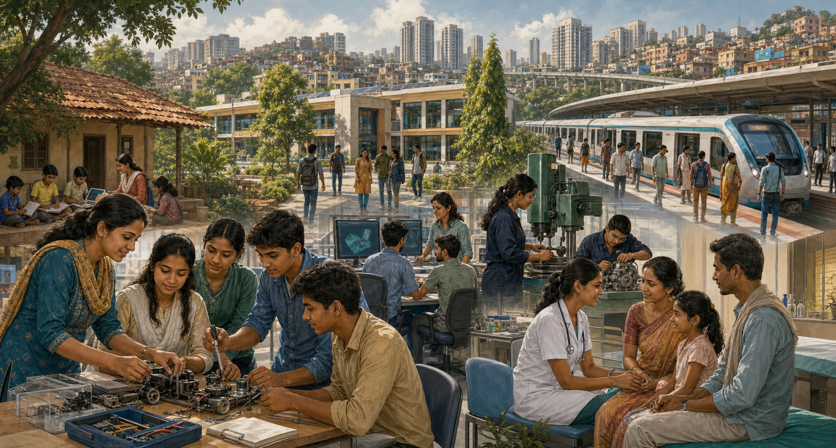 Students, teachers, health workers, engineers, and families share an interconnected Indian setting with a classroom, clinic, workshop, laboratory, and public transit.