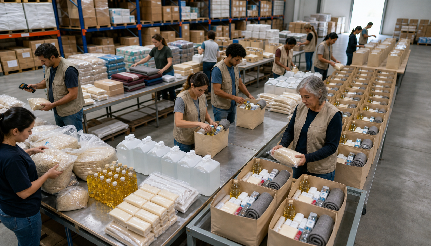 Warehouse volunteers assemble donated food, blankets, hygiene items, and medical supplies into standardized relief kits.
