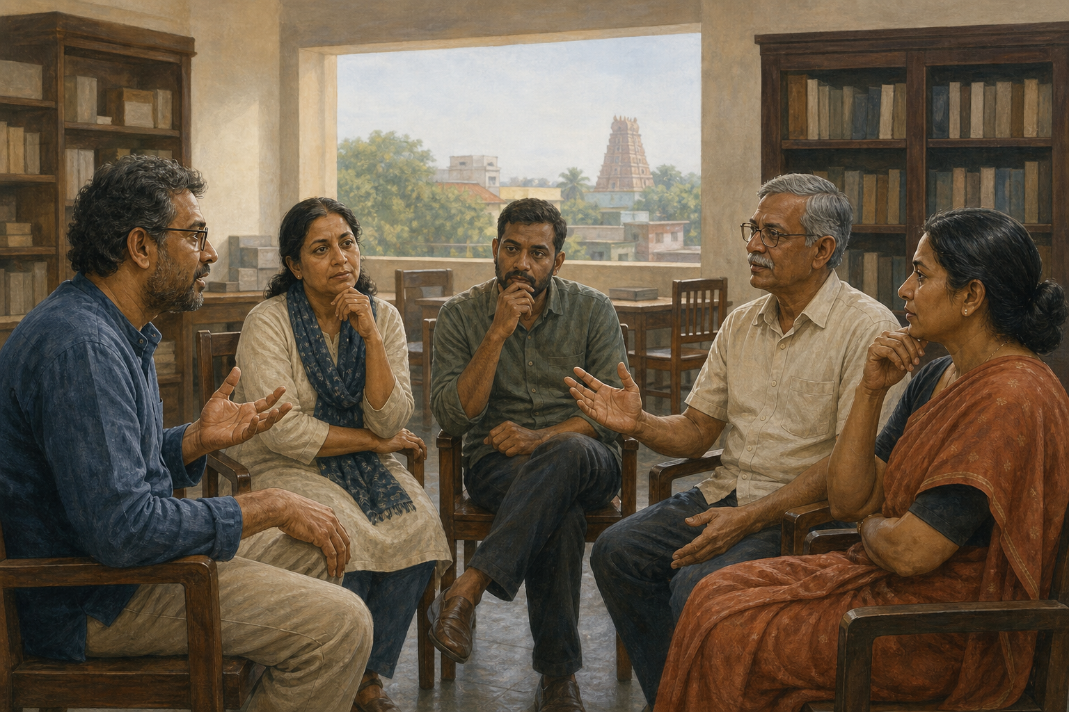 Five adults hold a calm discussion in a community hall while a temple tower is visible through an open window behind them.