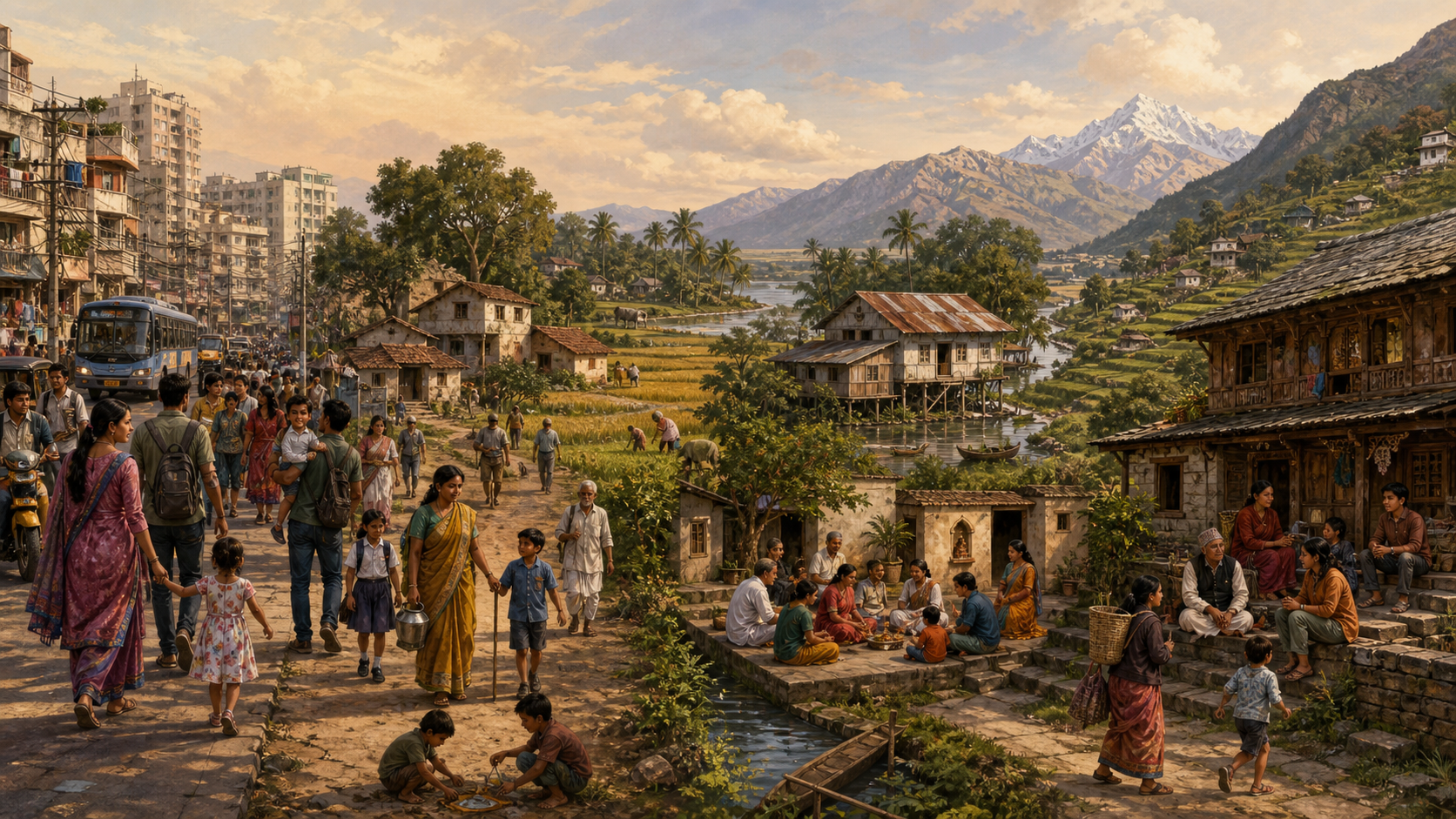 Four connected South Asian settings show Hindu communities with different household sizes, age groups, landscapes, and levels of urban development.