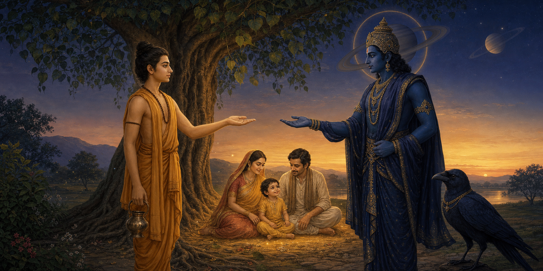A devotional illustration shows sage Pippalada and Shani facing each other in a peaceful gesture of agreement while an Indian family with a young child rests beneath a sacred fig tree.