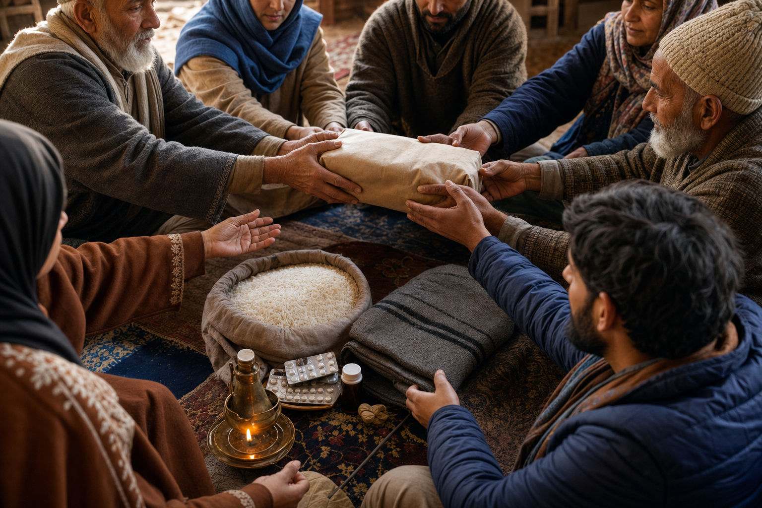 Volunteers seated in a circle pass a relief parcel around food, medicine, a blanket, and a small oil lamp.