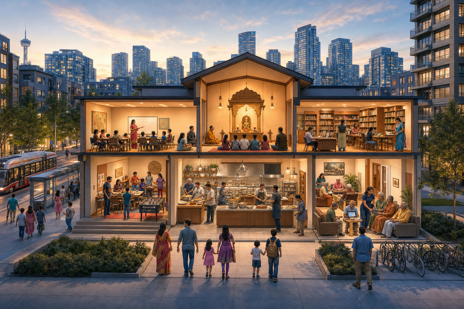 Families and volunteers use a diaspora community complex containing a temple hall, classroom, library, kitchen, youth room, and elder gathering space.