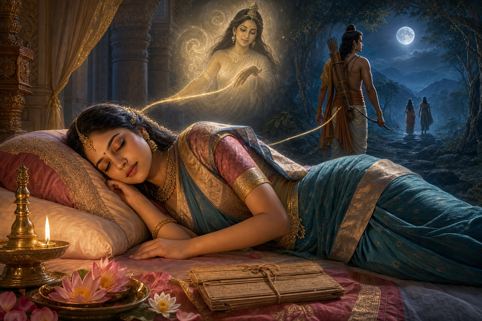 Urmila Nidra resting in Ayodhya as Lakshmana keeps vigil in a moonlit forest