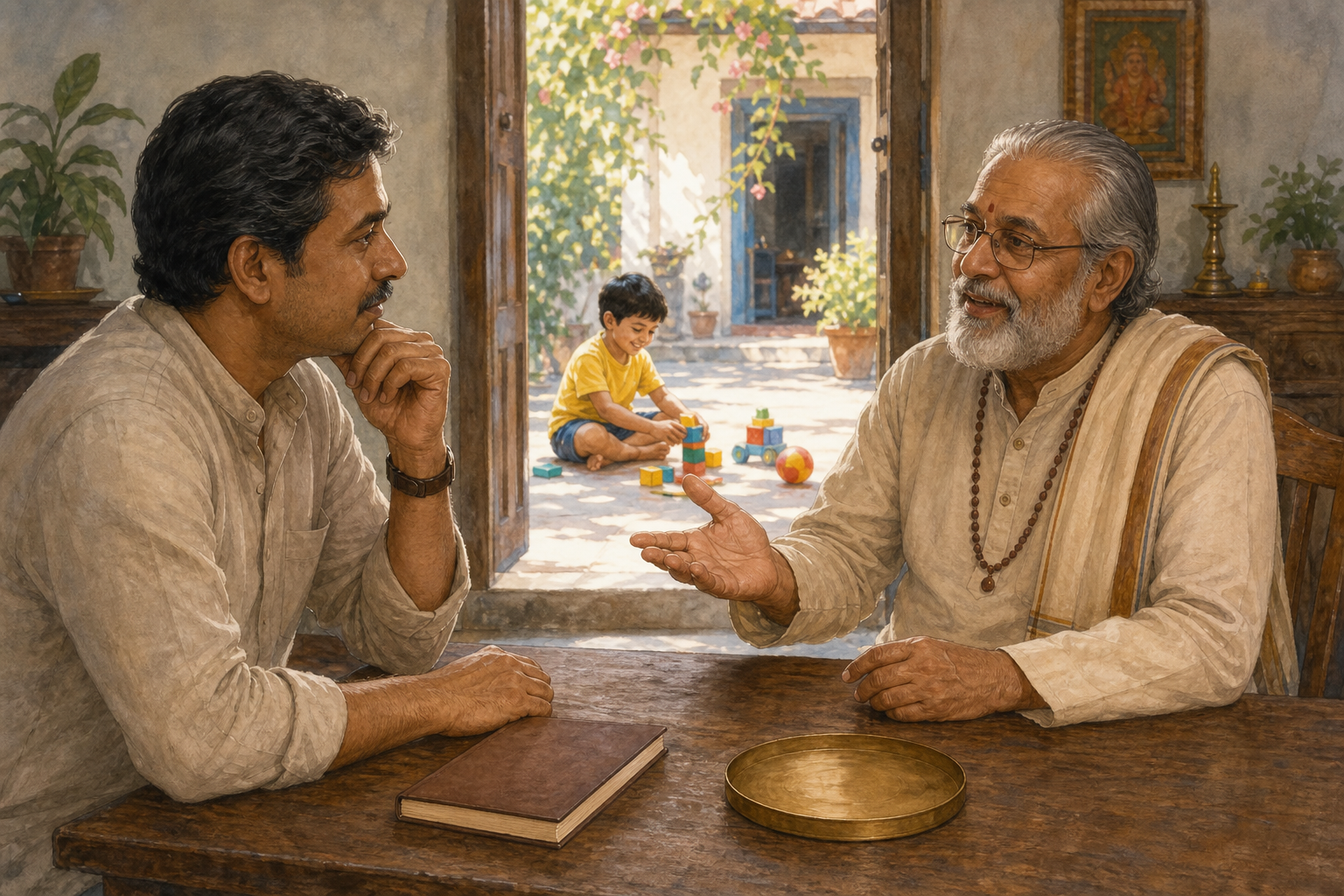 An Indian parent has a calm consultation with an astrologer while a child plays in a bright courtyard visible through the doorway.