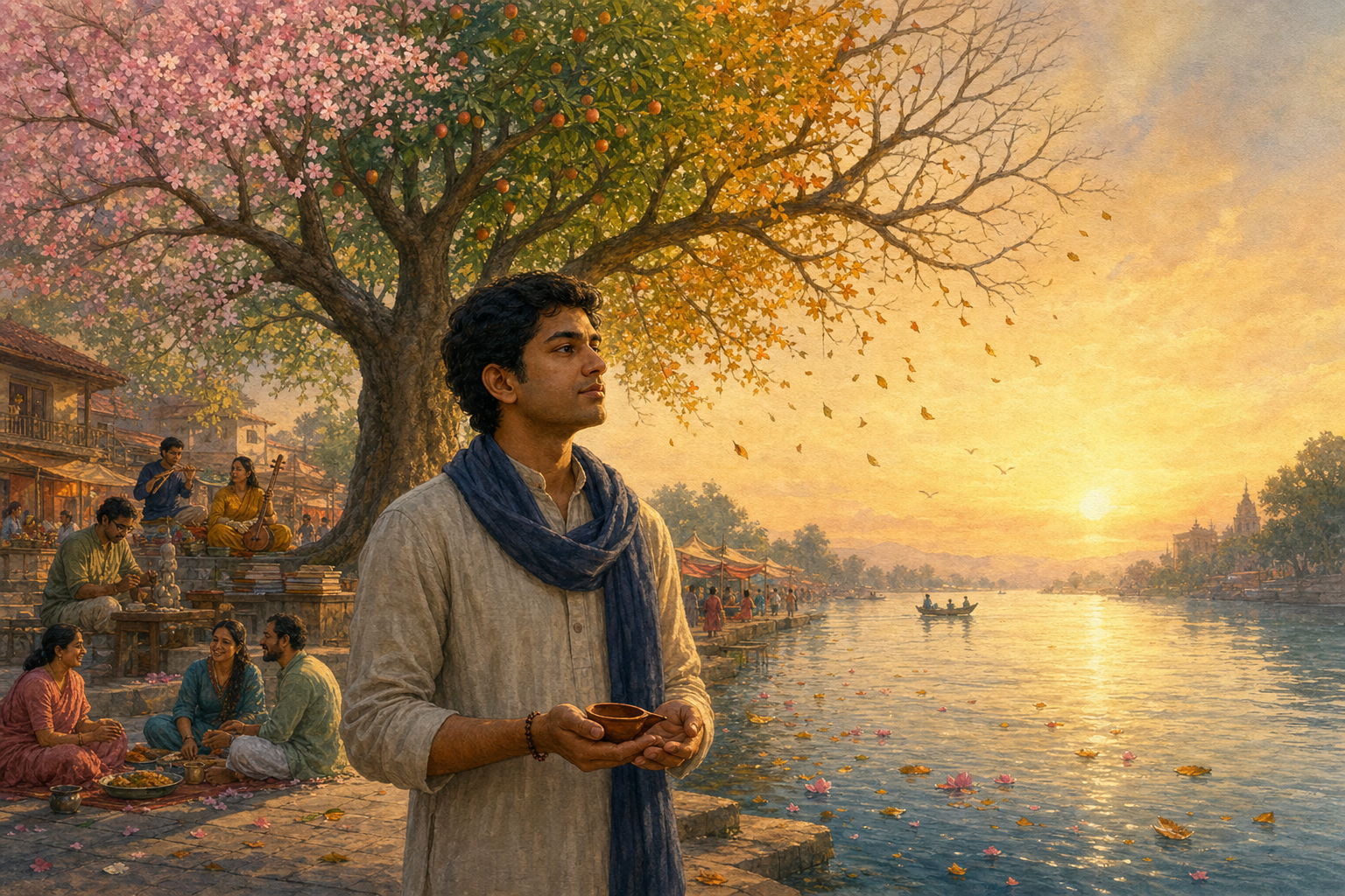 A person holding a clay lamp stands beside a river and a tree whose branches show blossoms, fruit, falling leaves, and bare twigs, with a home, market, work, and family life in the distance.