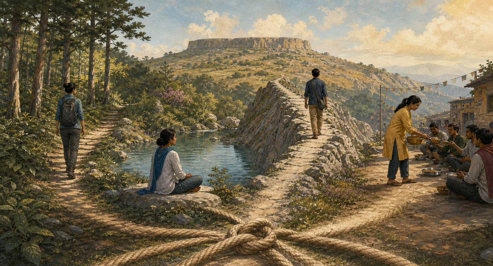 Four travelers take separate routes through a mountain landscape: walking in a forest, meditating beside water, crossing a stone ridge, and serving food in a courtyard, while four loosened strands extend from a rope knot in the foreground.