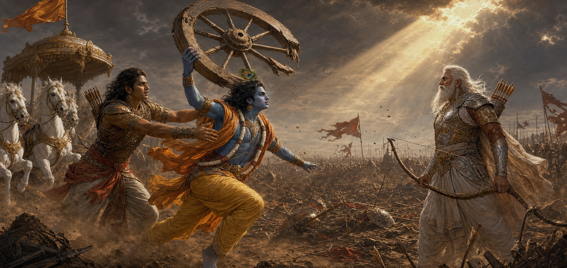 Krishna raises a damaged chariot wheel and advances toward the bow-bearing Bhishma while Arjuna tries to restrain him on the dusty Kurukshetra battlefield.