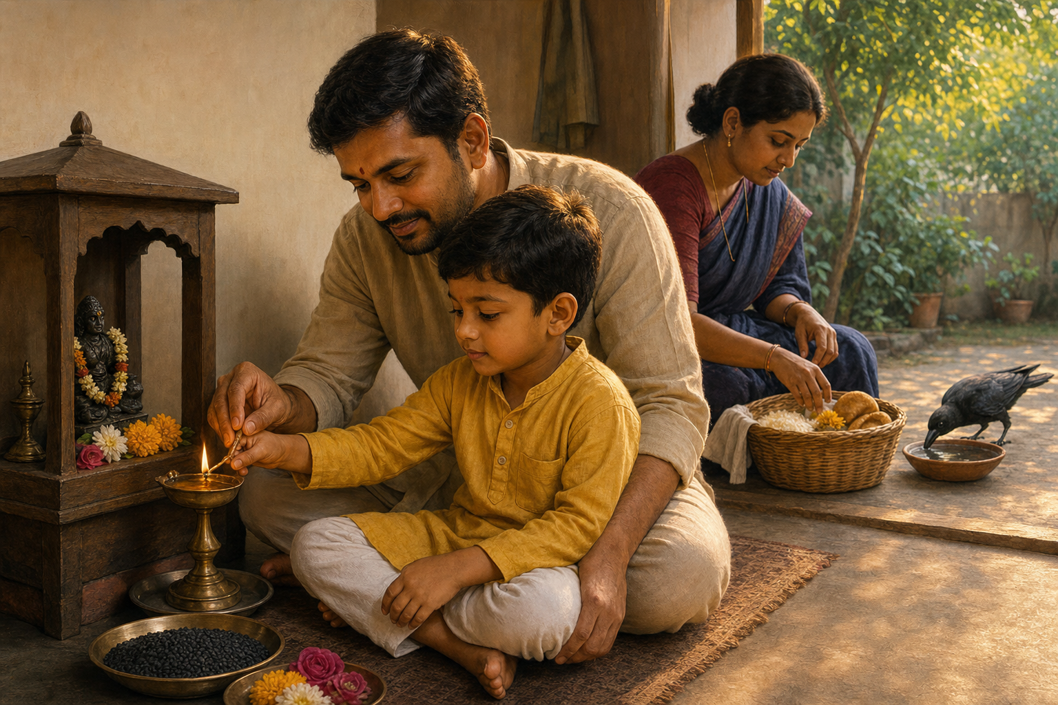 A parent helps a child light a small oil lamp at a home shrine while another family member prepares food to give away and a crow drinks outside.