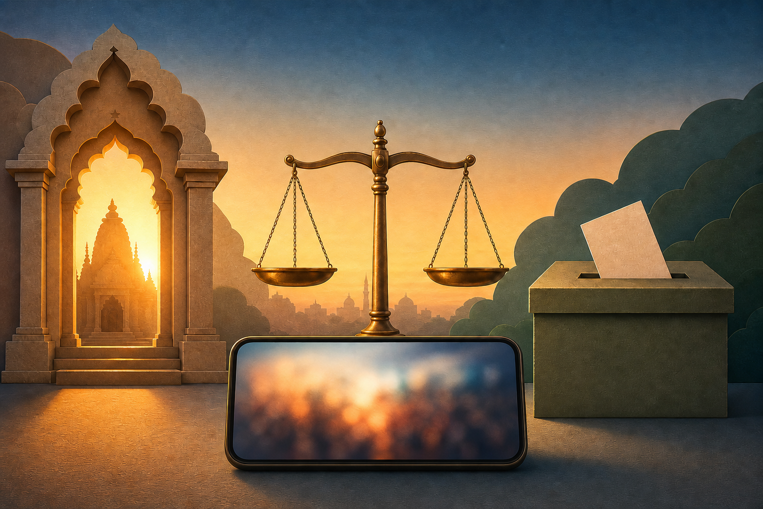 An editorial illustration of a smartphone, balanced scales, a glowing temple doorway, and an unmarked ballot box representing religious speech, law, and electoral politics.