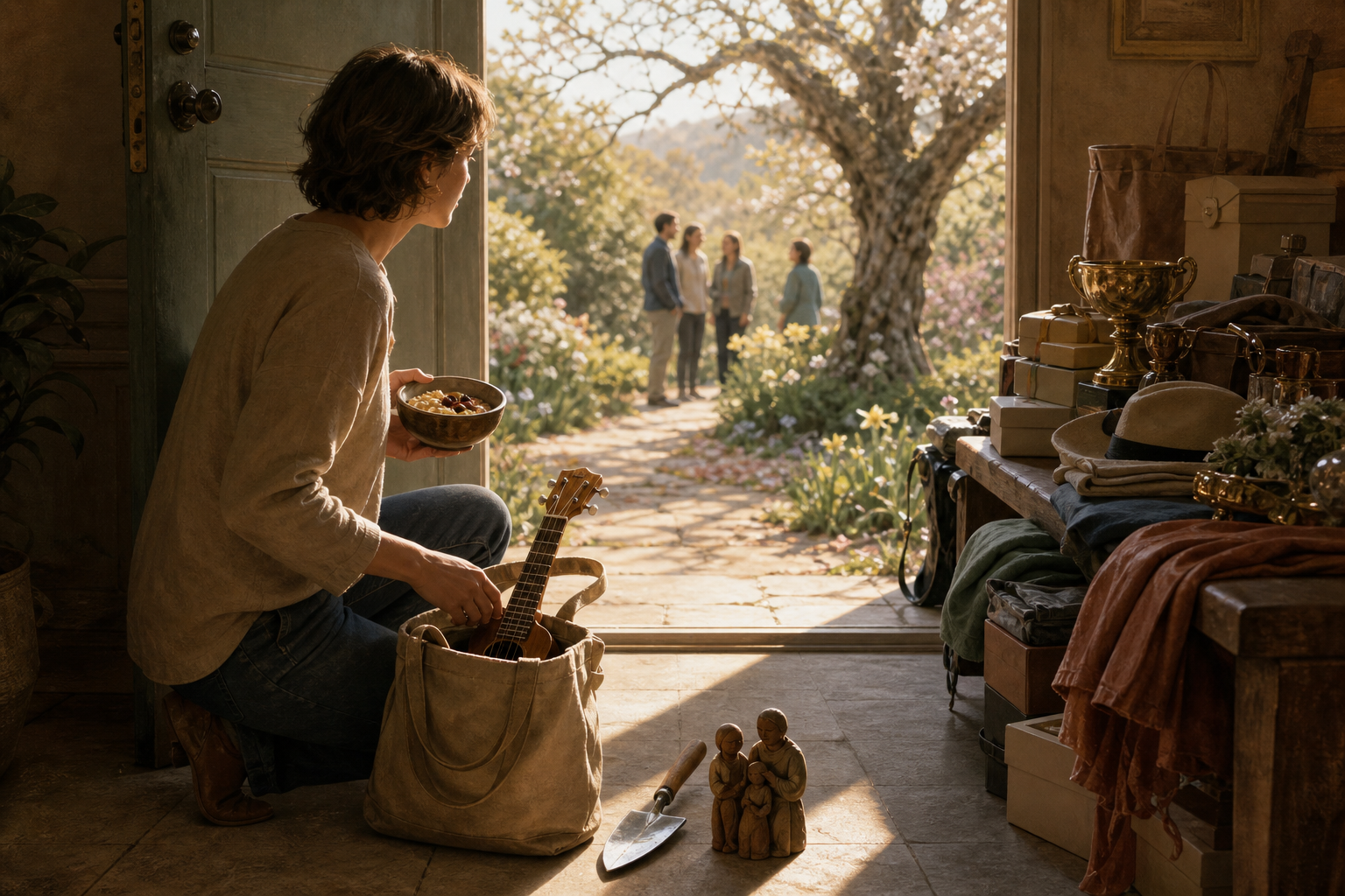A person at a bright doorway chooses a meal, a work tool, a musical instrument, and a family keepsake while luxury goods and extra possessions remain on a nearby bench.