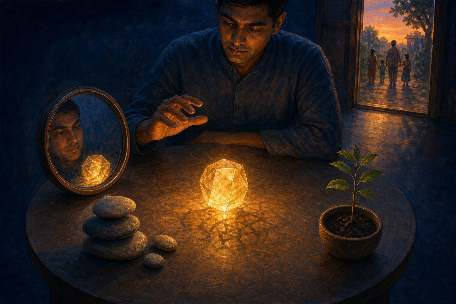 A seated person pauses before touching a glowing faceted object on a table surrounded by a mirror, balanced stones, an open doorway, and a small sapling.