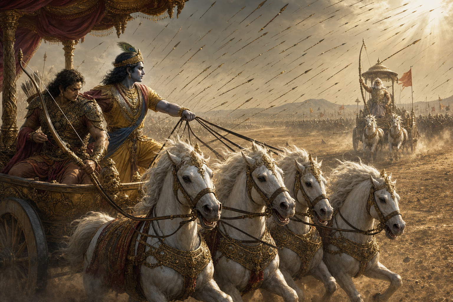 Krishna holds the reins of Arjuna's chariot as arrows descend, while Arjuna braces with his bow and Bhishma commands the opposing force in the distance.