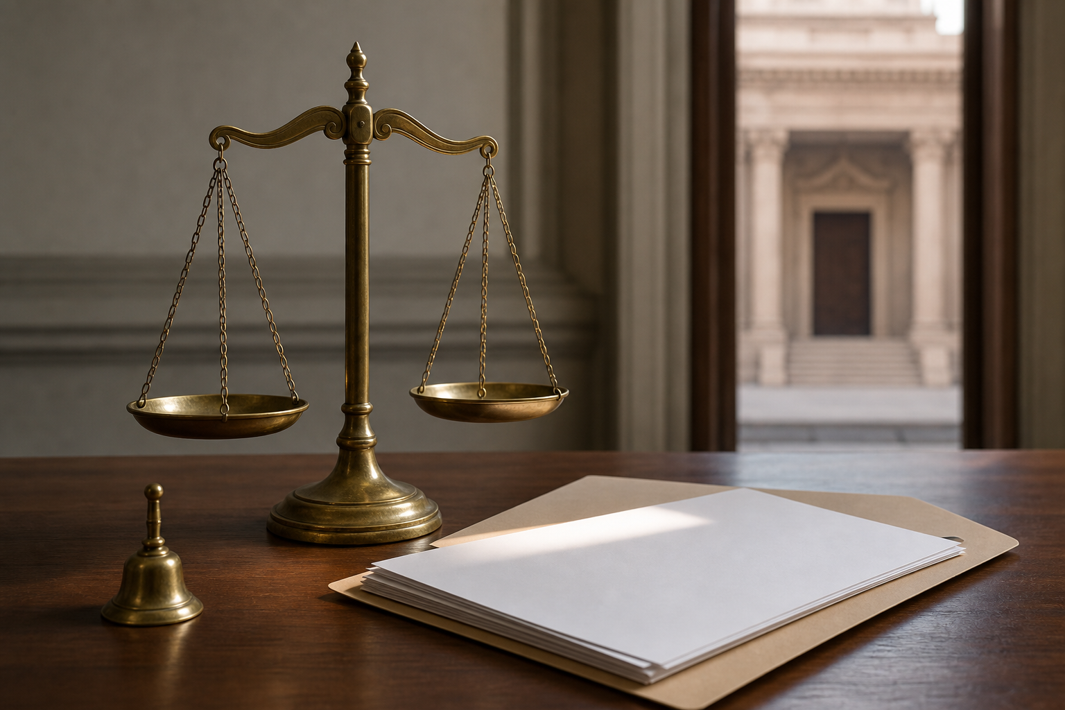 Balanced scales and an unmarked evidence folder sit on a judge's desk, with a temple entrance softly blurred in the background.