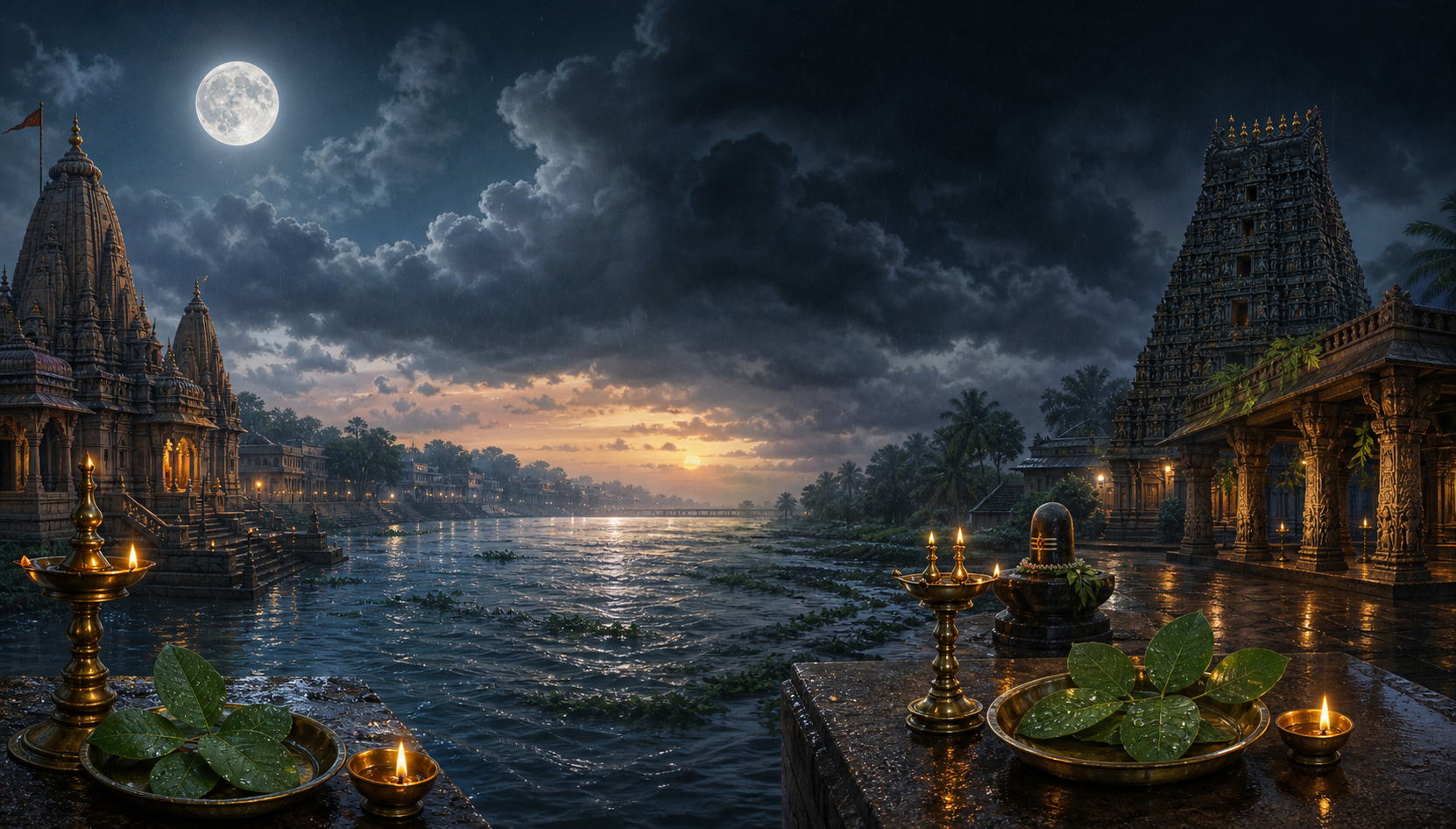 A continuous monsoon scene links a full-moon riverside temple with a new-moon temple courtyard.