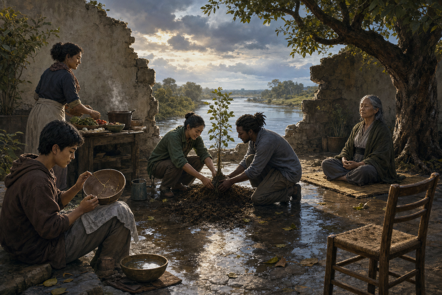 People in a riverside courtyard replant a sapling, mend a clay bowl, prepare shared food, and meditate after a storm, with an empty chair beneath a weathered tree.