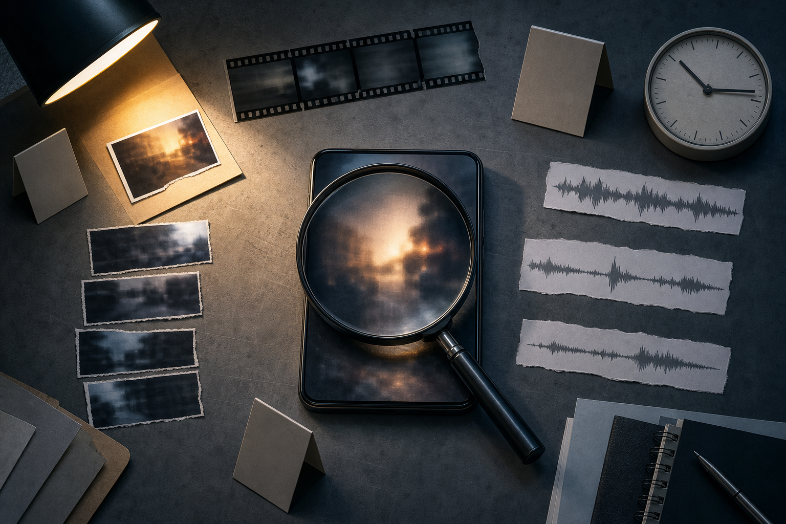 A magnifying glass examines a smartphone while unmarked recording fragments, audio shapes, and a clock suggest verification of a viral clip.