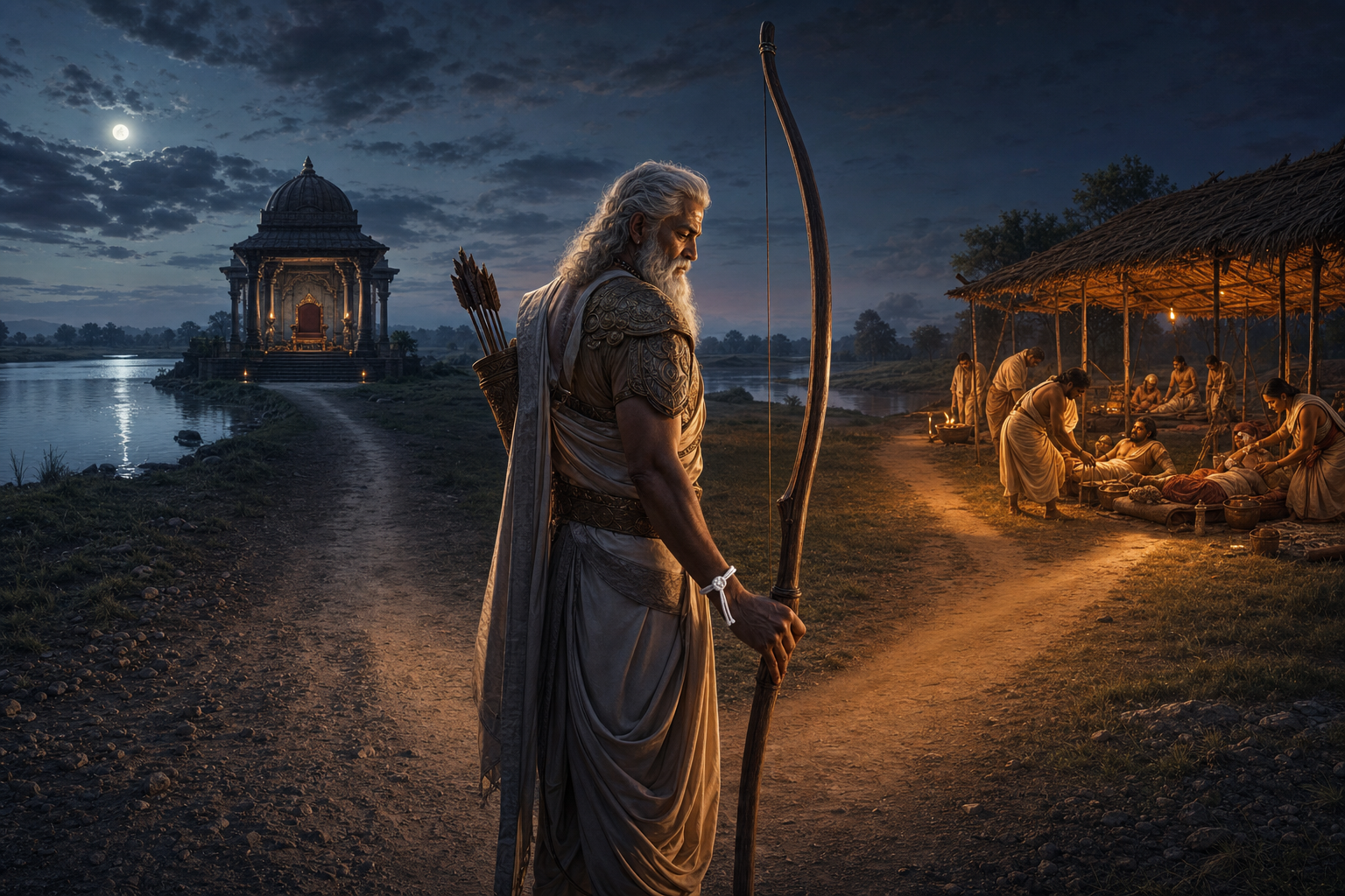 Bhishma stands with an unstrung bow where one path leads to an empty royal pavilion and another leads to a shelter protecting wounded people.