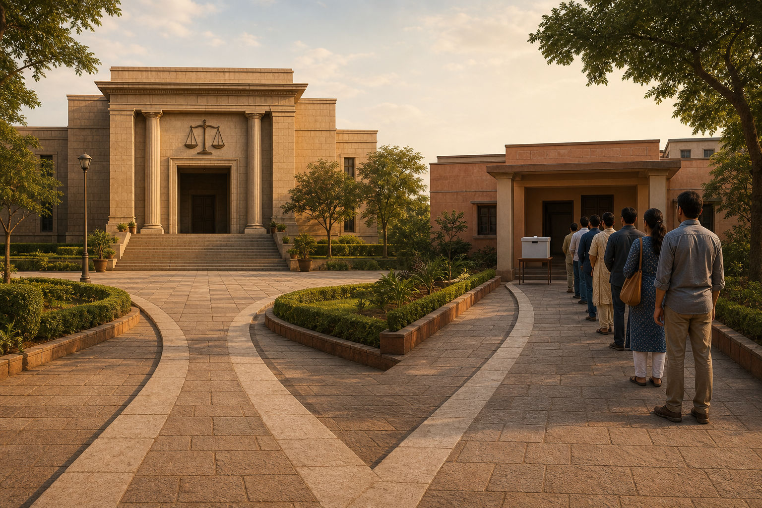 A civic walkway divides into separate paths leading to a courthouse and to voters waiting beside an unmarked ballot box.