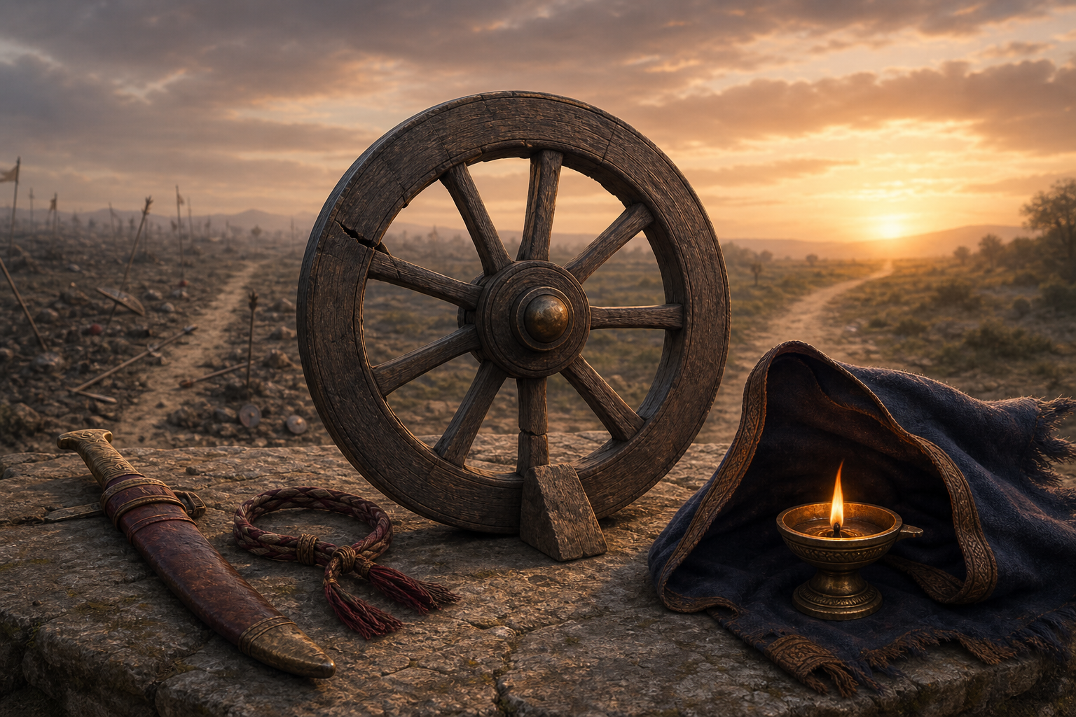 A cracked chariot wheel is stopped by a wedge between a tied wrist cord and a cloak shielding an oil lamp from the wind.