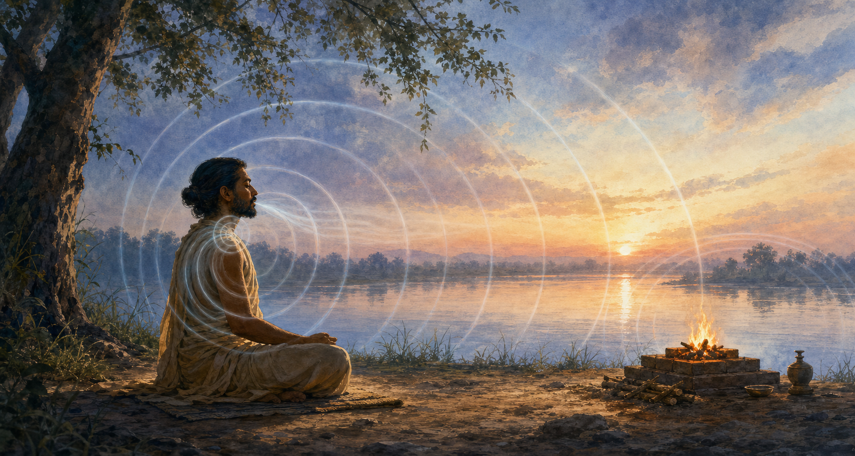 A seated practitioner chants at dawn beside a river and a small ritual fire as translucent circular waves spread through the surrounding landscape.