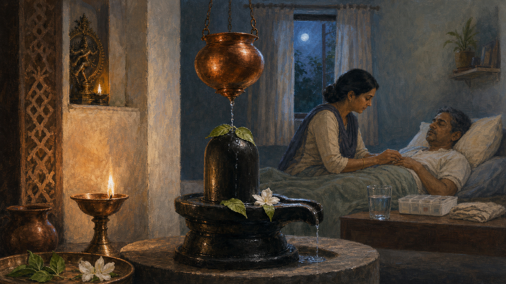A Shiva linga with bilva leaves stands between an oil flame and flowing water while a caregiver attends to a resting family member in the background.