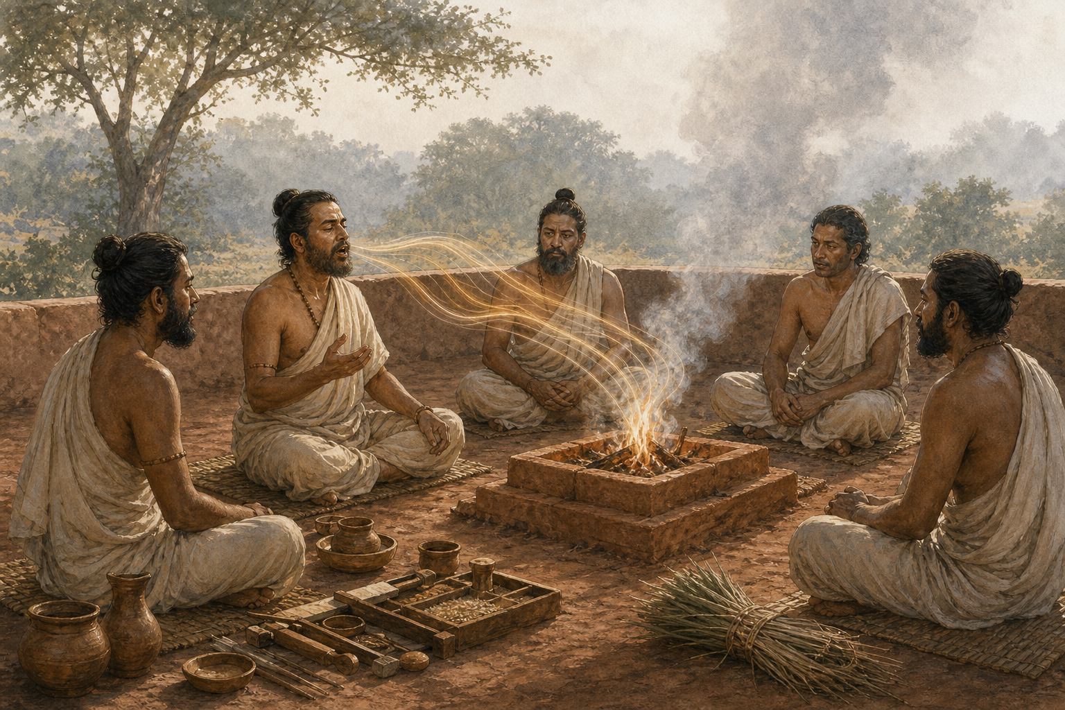 Ritual specialists sit around a small fire with simple vessels and grass while luminous bands suggest the movement of a chanted sound.