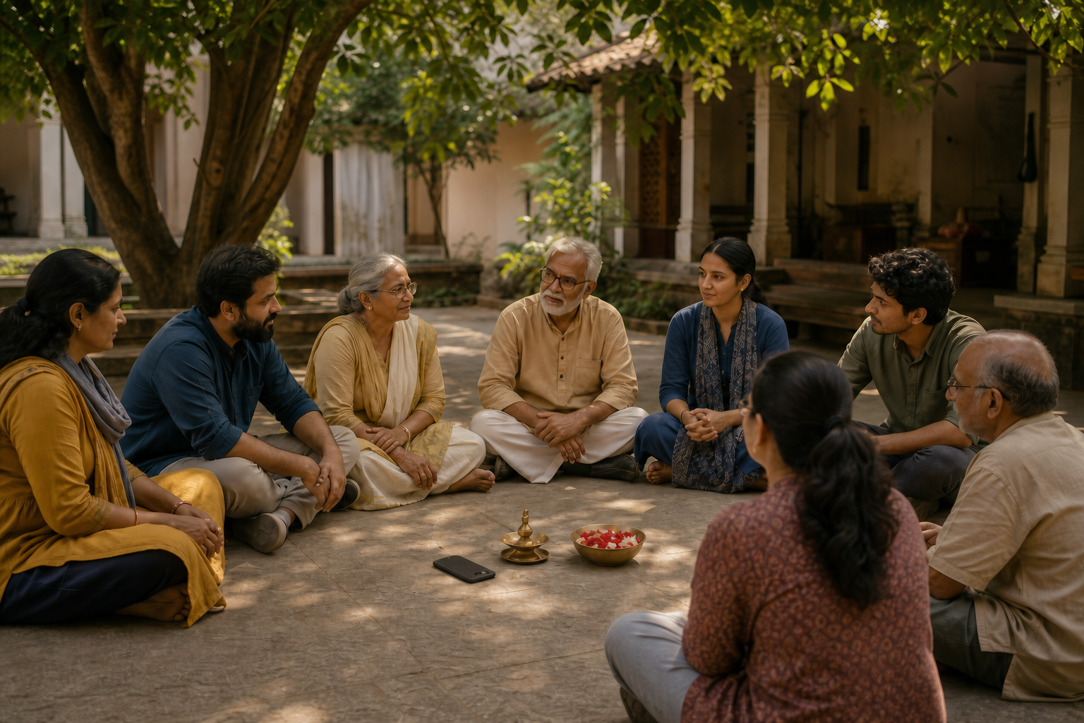 Citizens sit in calm discussion around a face-down smartphone, an oil lamp, and flower petals in a shaded courtyard.