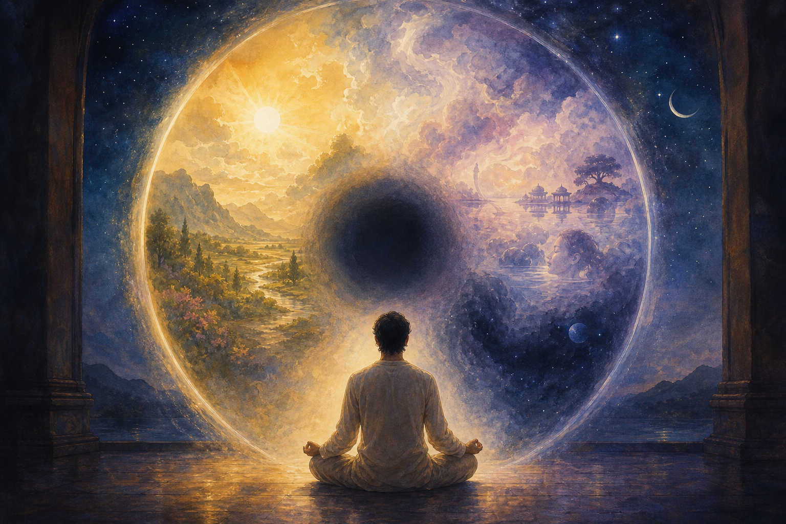 A meditating figure is surrounded by nested realms of daylight, dreamlike clouds, and deep darkness within a single luminous circular field.