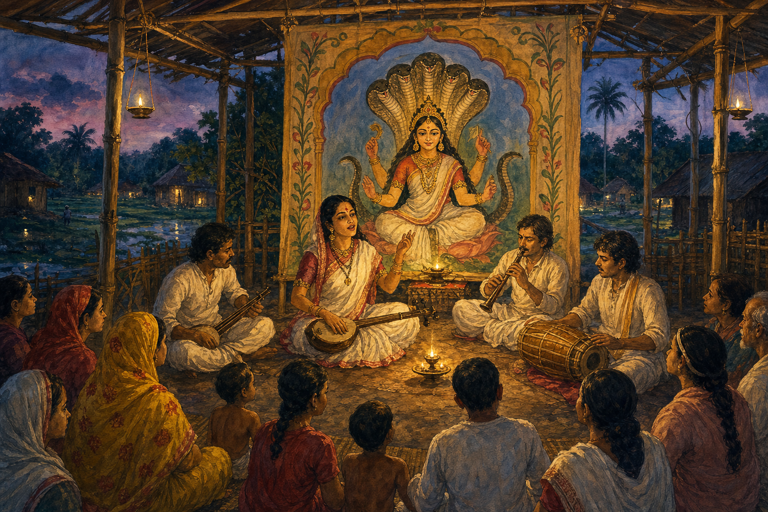 Village storytellers and musicians perform beside a ceremonial image of a female deity beneath a cobra canopy at dusk.