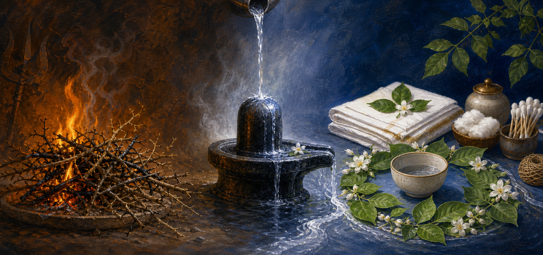 A ritual flame, a stream of cooling water over a Shiva stone, and neatly arranged leaves and caregiving objects form a continuous symbolic sequence.