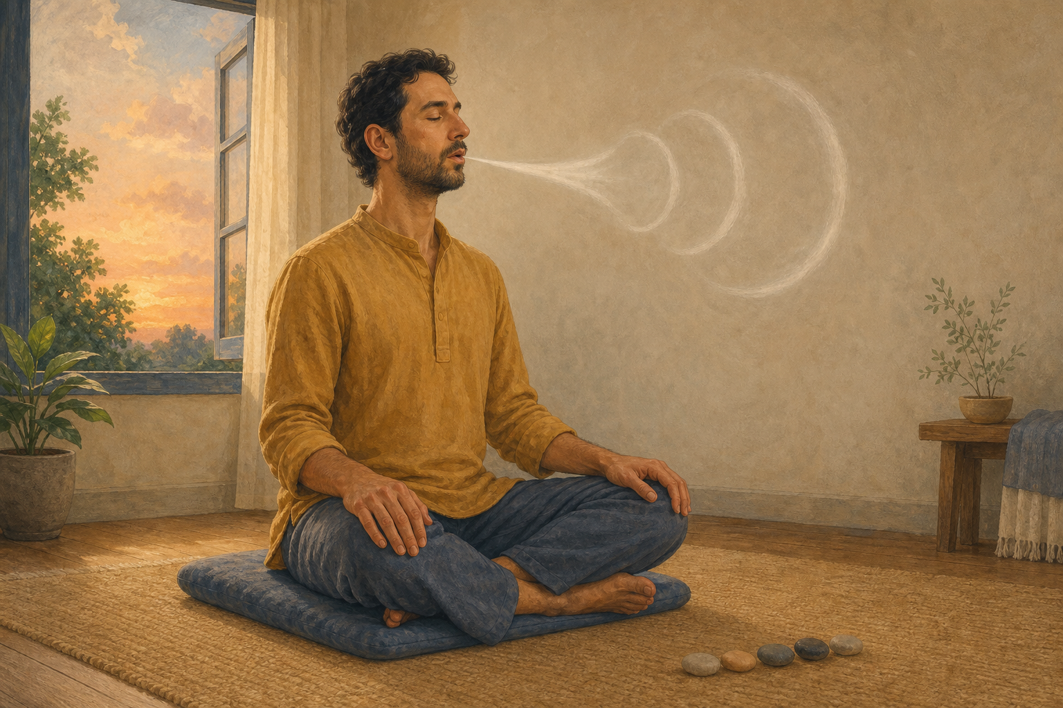 A person sits upright on a cushion and chants gently as three fading breath rings spread into a quiet room beside a row of counting stones.