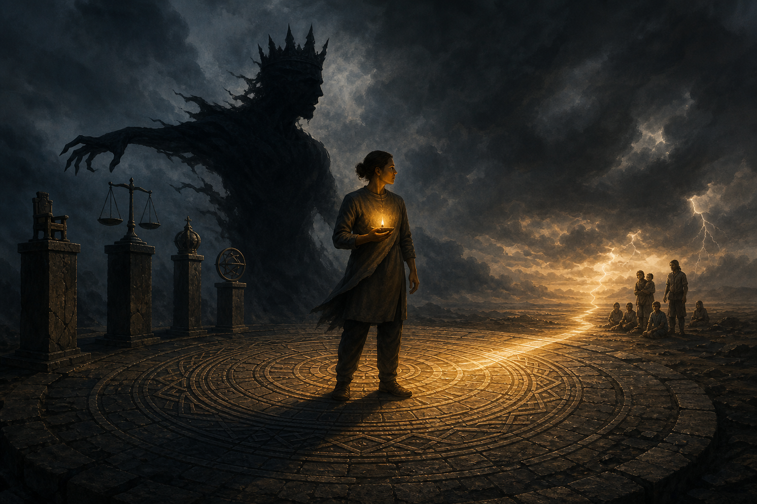 A decision-maker holds a small oil lamp while a huge crowned shadow reaches toward symbols of control behind them.