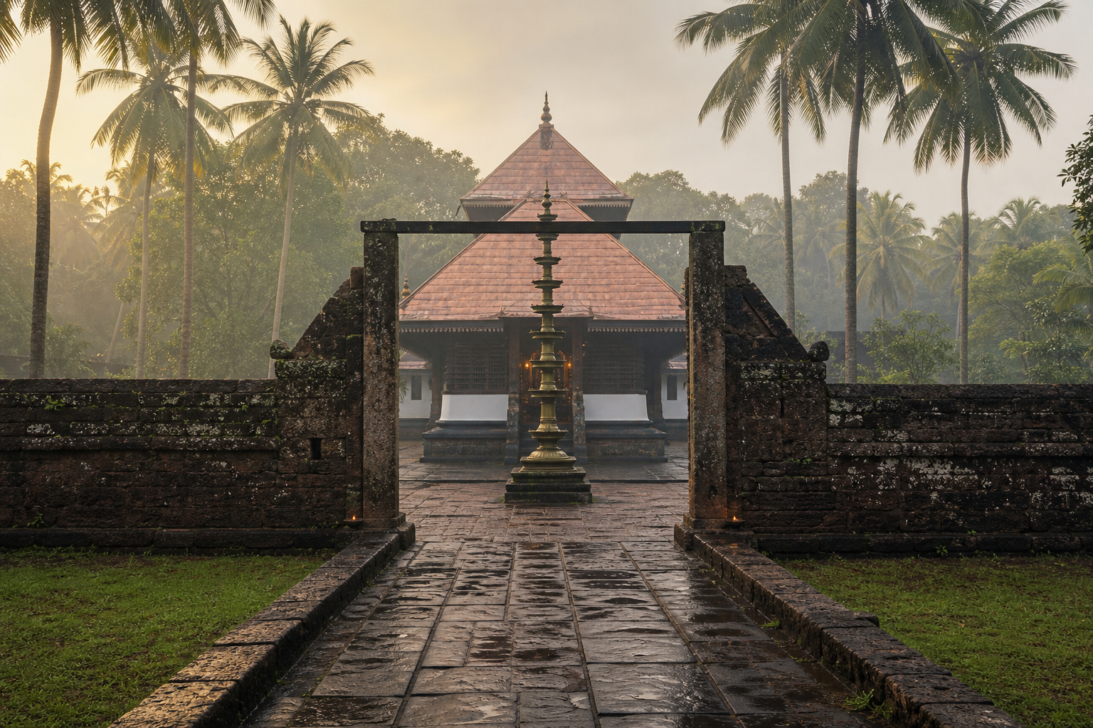 A traditional Kerala temple seen along its central approach, with a lamp pillar, enclosure, timber shrine and steep copper-clad roof in dawn light.