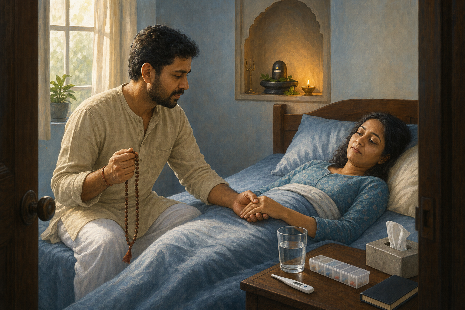 A devotee holds prayer beads while caring for a resting loved one beside a table with water, a thermometer, and an unbranded medicine organizer.