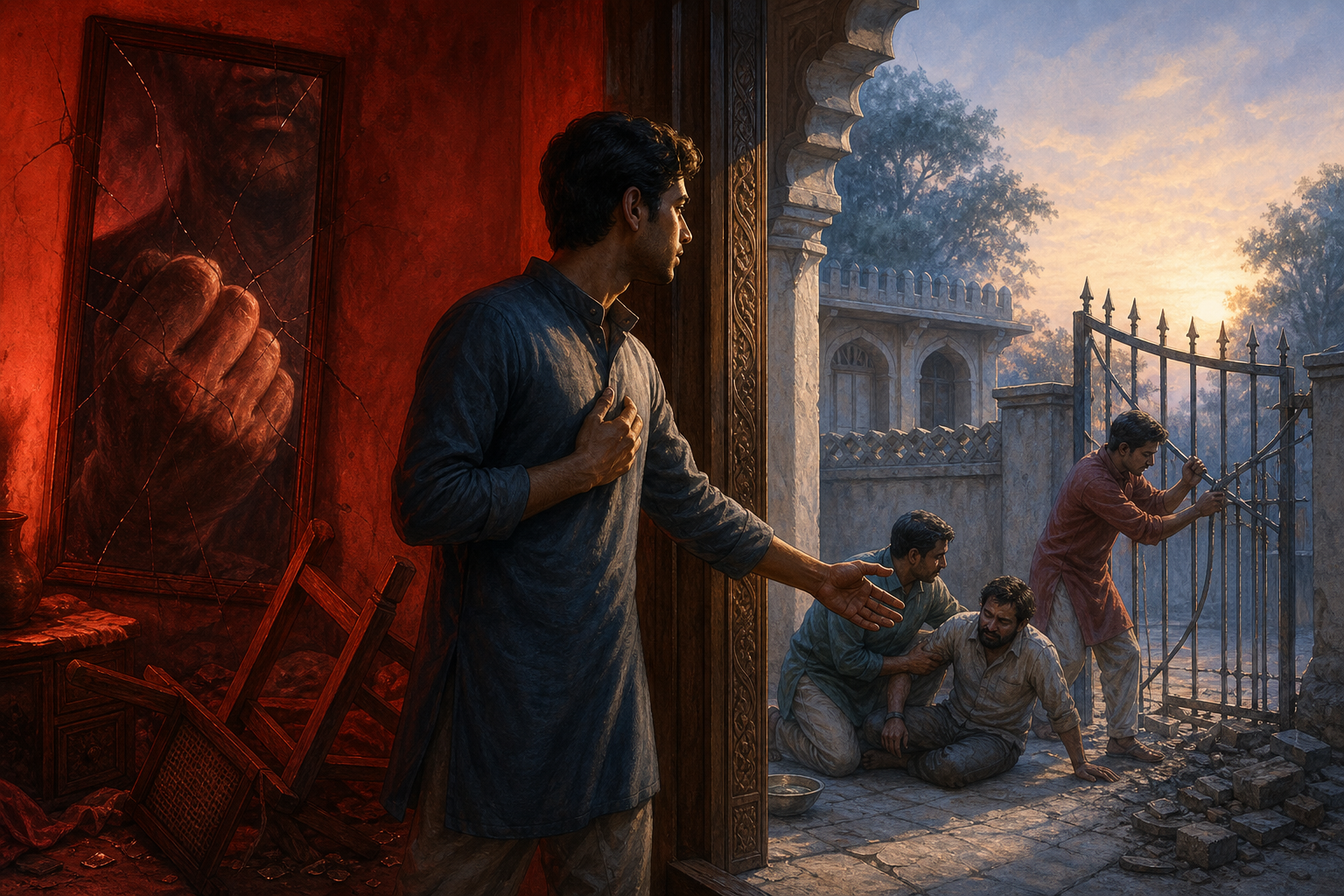 Four figures occupy separate courtyard thresholds: a warrior lowers a bow, an ascetic watches still water, a monastic figure protects a small creature, and a householder weighs keys against grain.
