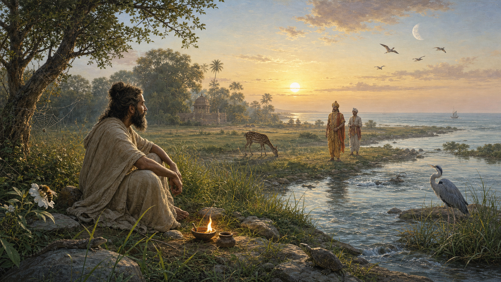 A wandering Avadhut observes the earth, sky, river, fire, sun, moon, birds, insects, and animals as a royal traveler approaches at dawn.