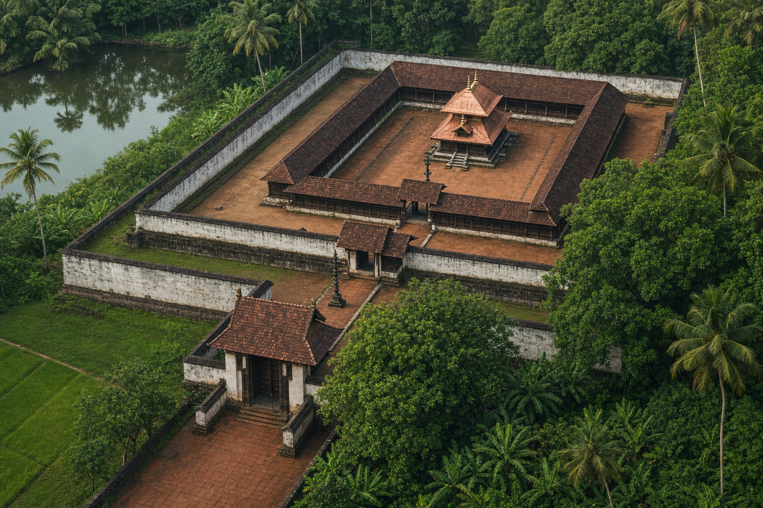 Oblique architectural illustration showing a Kerala temple's aligned gateway, nested enclosures, covered inner court, and compact central sanctum.