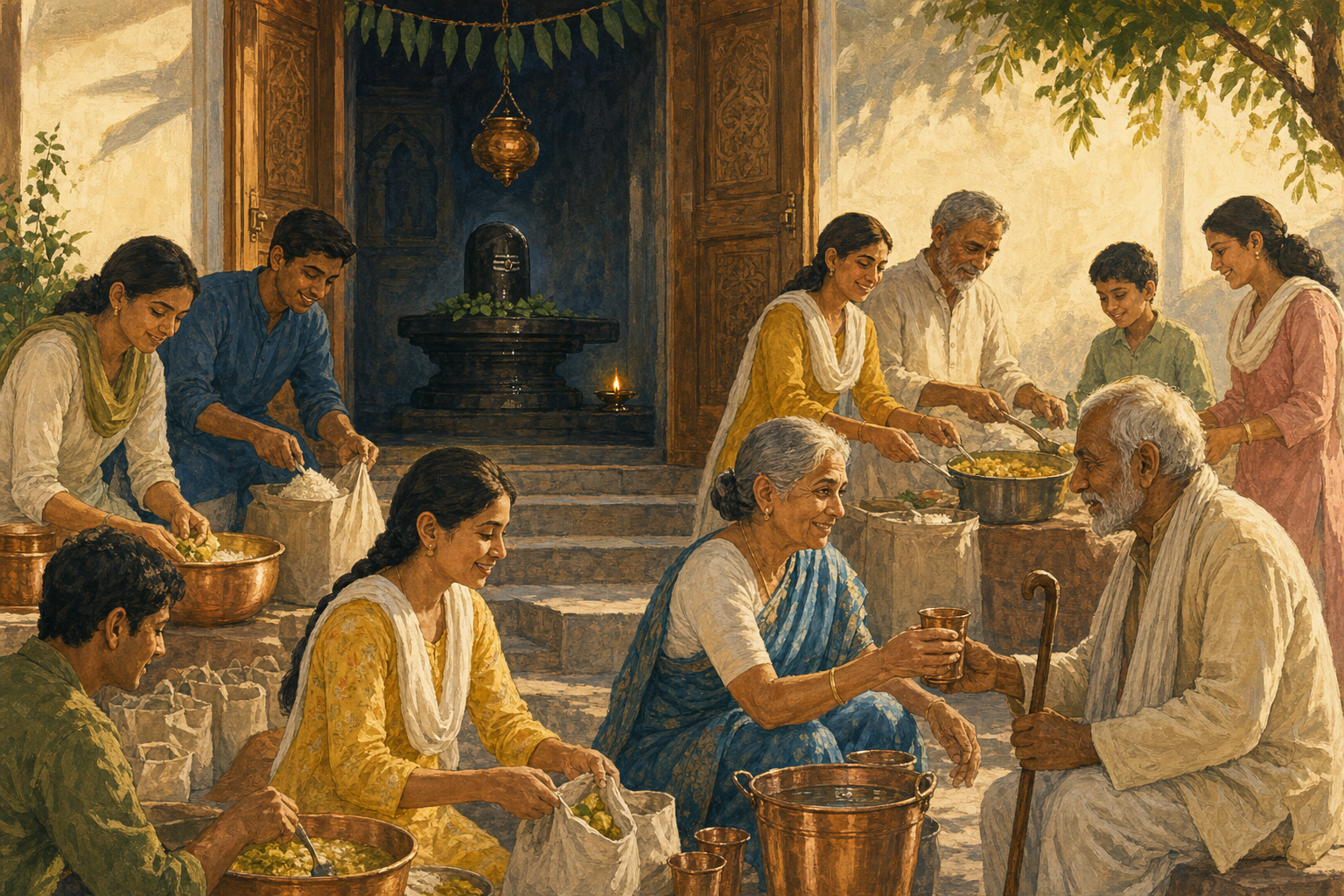 Volunteers prepare meals, pack care parcels, and offer water outside the open doors of a small Shiva shrine.