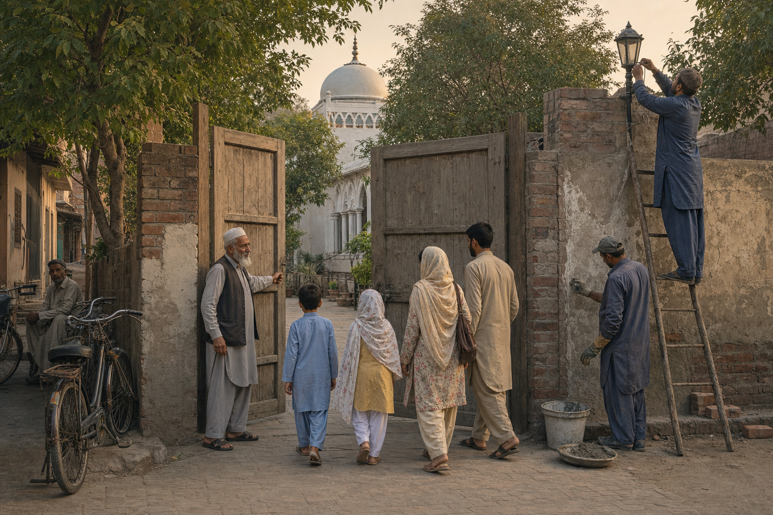 A caretaker opens the gate of a small neighborhood place of worship while visitors enter and municipal workers maintain the site.
