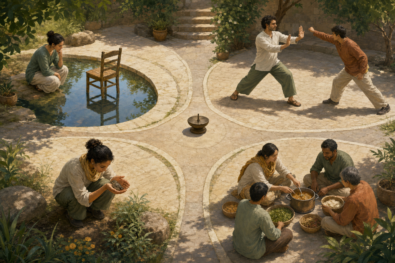 A leader passes through seven stone gateways, pausing for reflection, testimony, counsel, restraint, and protection before entering a tense public square.