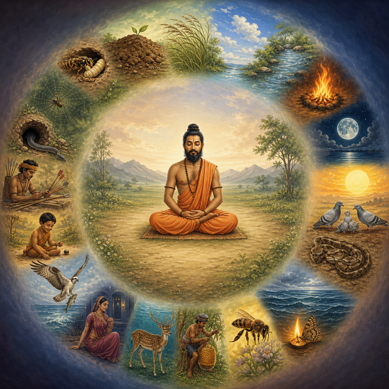 A seeker studies earth, water, fire, wind, sky, sun, moon, sea, python, bee, and moth within a single natural landscape.