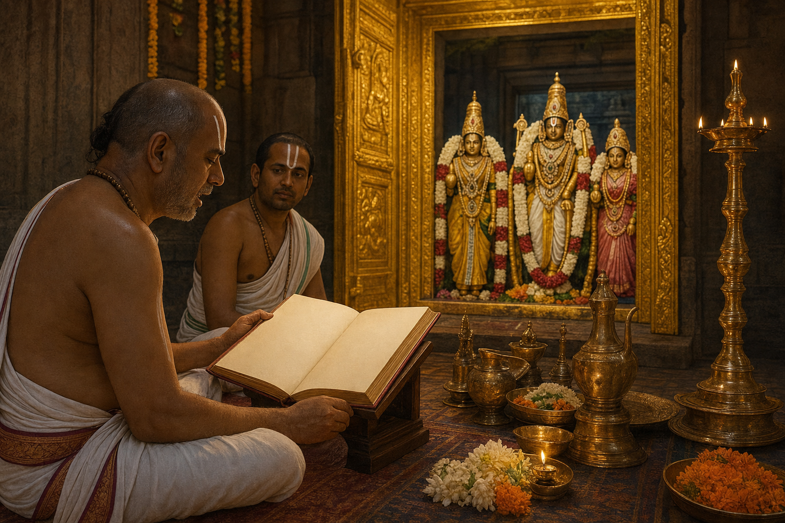 Festival deities, priests, lamps and ritual vessels are arranged in a formal assembly before the Bangaru Vakili.