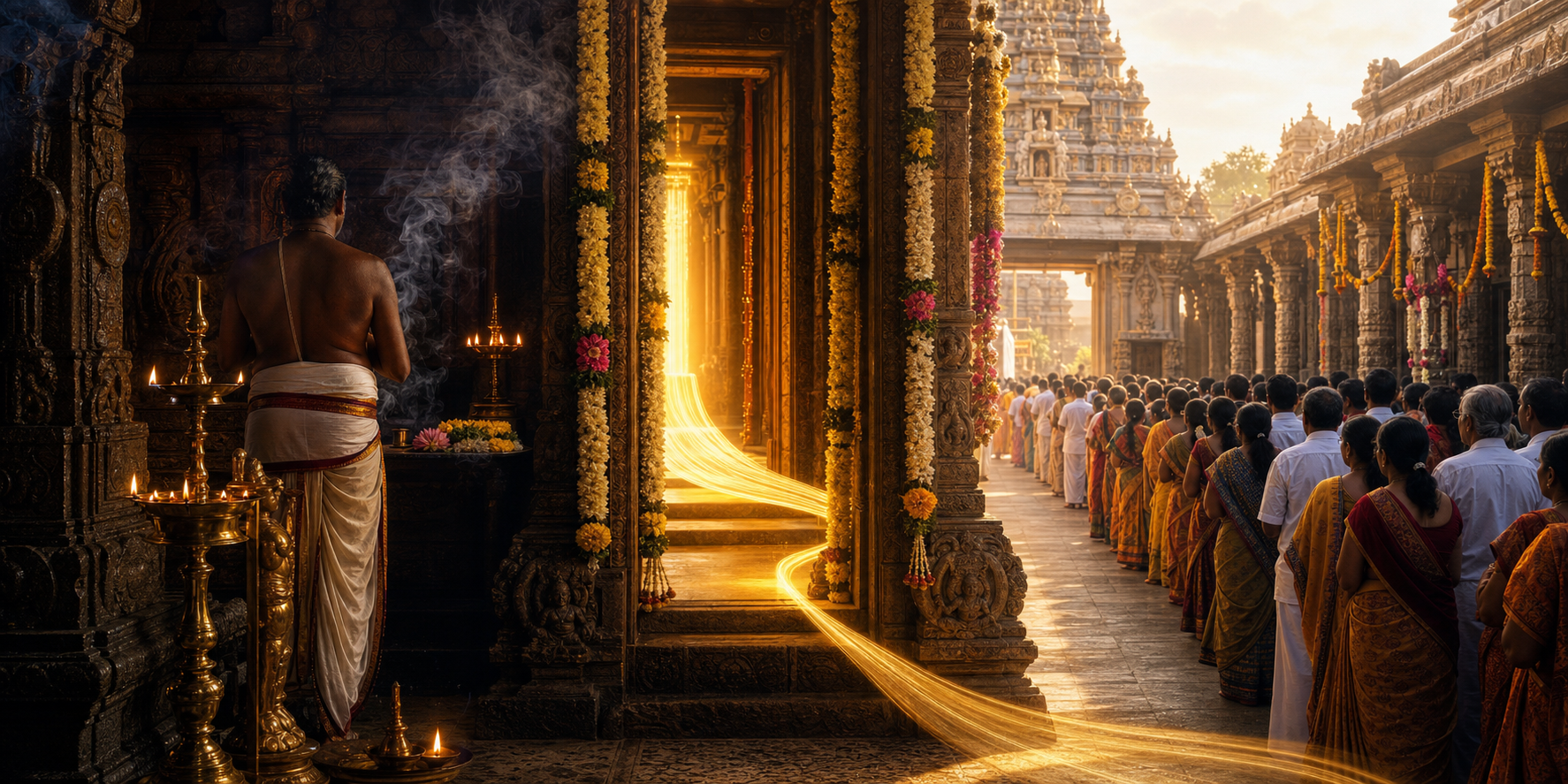 A split temple scene contrasts quiet lamp-lit daily worship with a larger festival gathering of pilgrims before a glowing open doorway.
