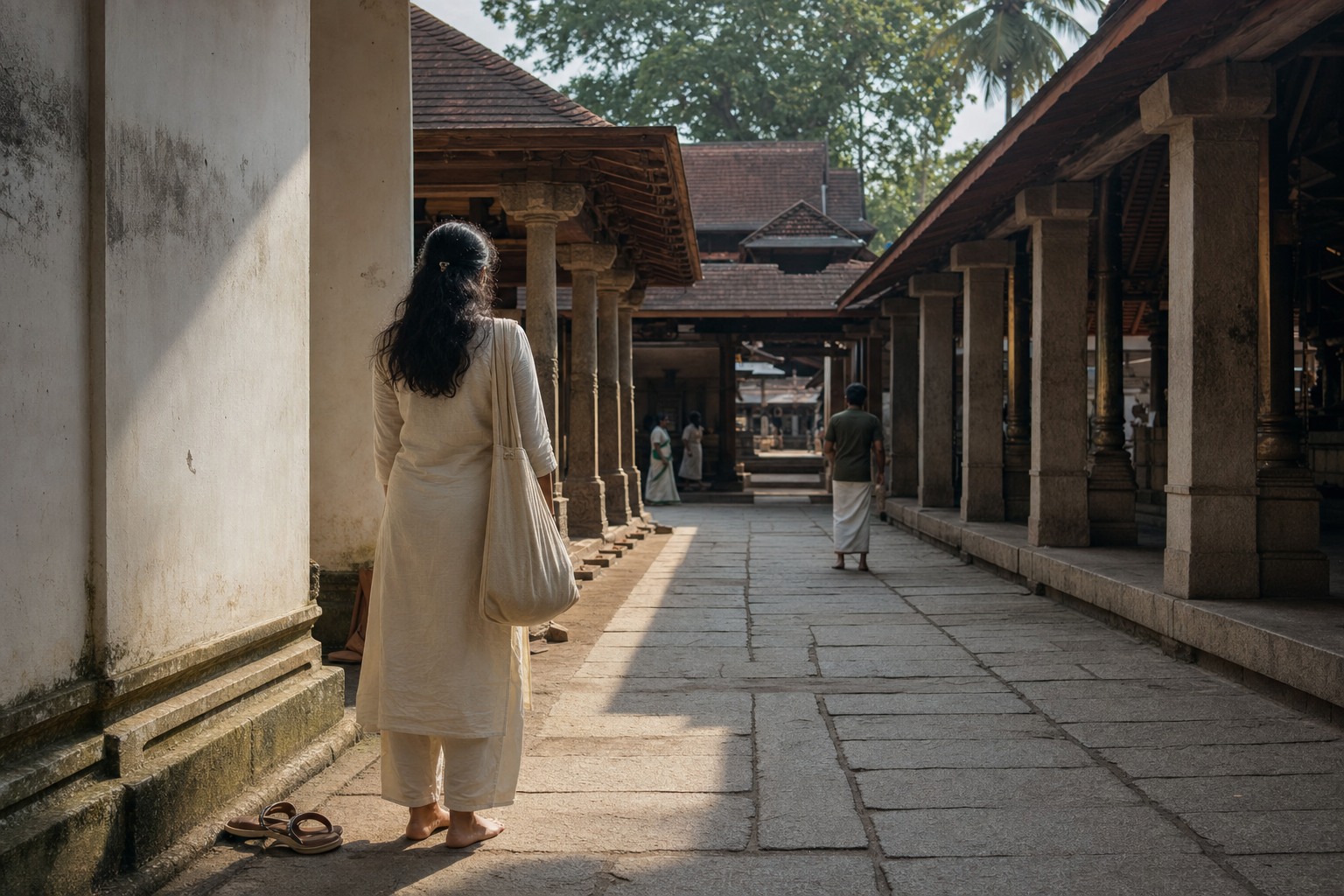 A barefoot visitor quietly observes the aligned thresholds and narrowing spaces of a Kerala temple from the outer courtyard.