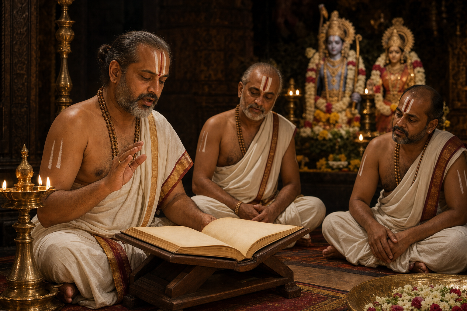 A seated priest recites from an open scripture before the flower-adorned festival deities of Sri Rama and Sita.