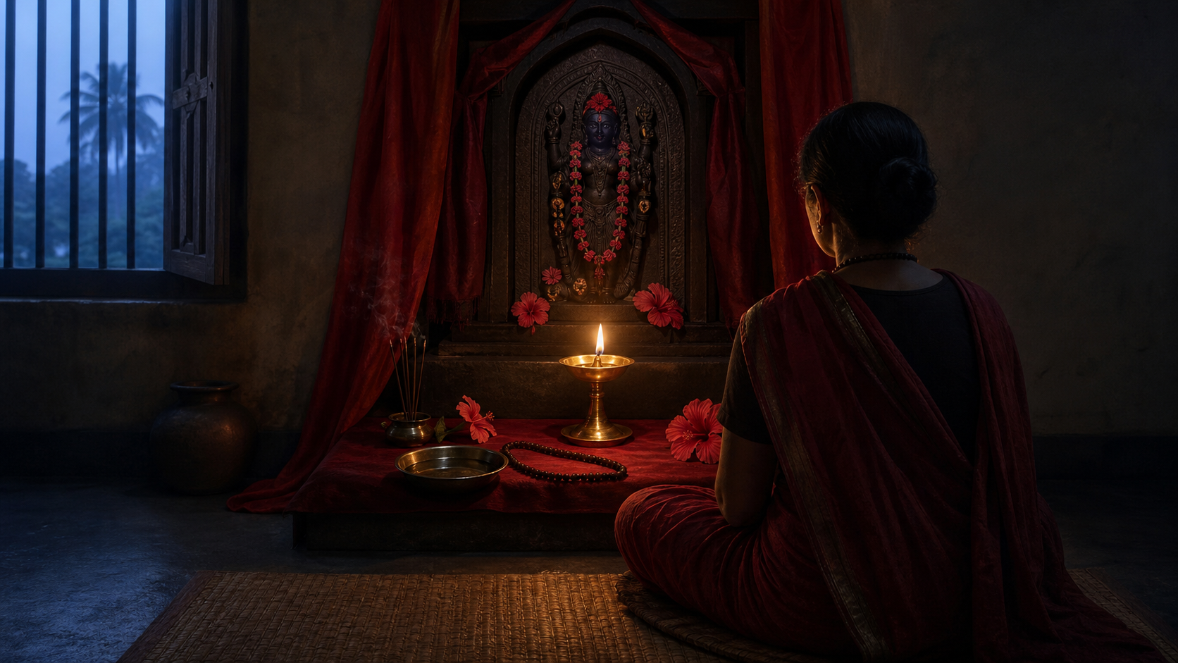 A practitioner meditates before a small Kali shrine with an oil lamp, water bowl, prayer beads, and red hibiscus flowers at dawn.