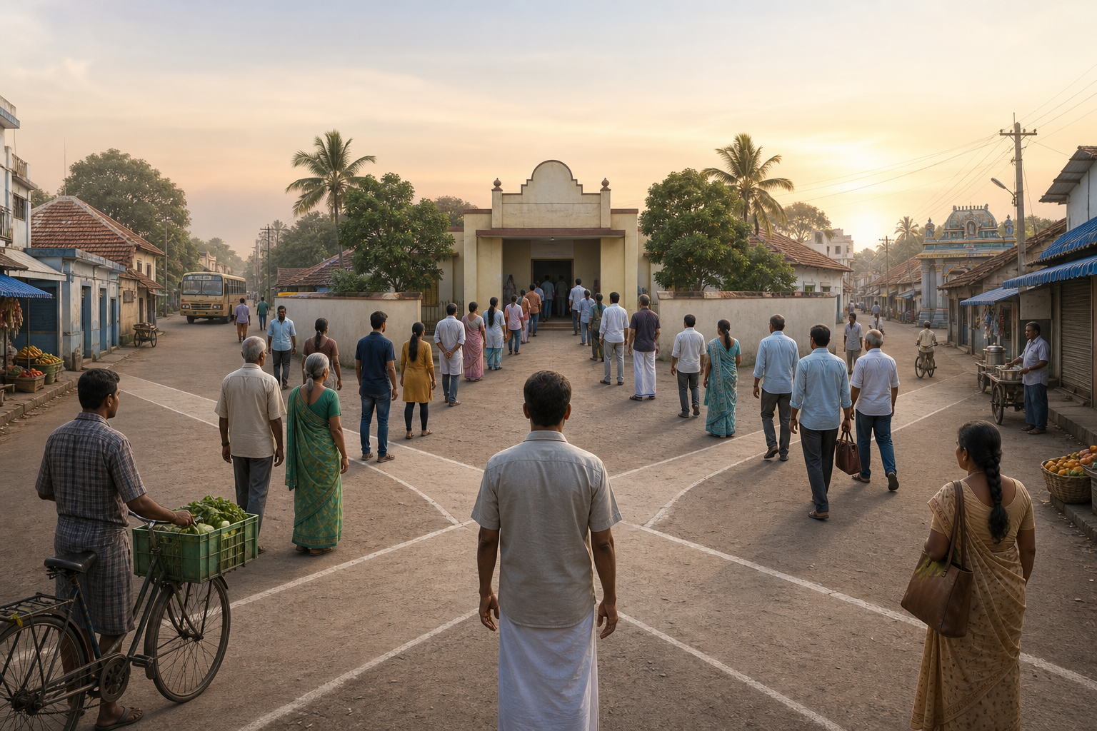 A diverse group of Tamil Nadu voters waits outside a polling station as four equal pathways converge toward its entrance.