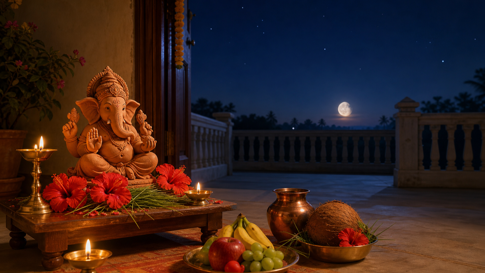 A moonlit terrace with a small Ganesha altar, hibiscus flowers, fruit, copper vessels and glowing oil lamps beneath a rising gibbous moon.