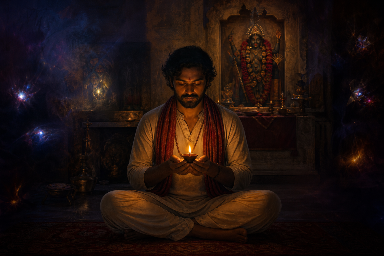 A calm practitioner holds a steady oil lamp near a small Kali shrine while faint abstract flashes recede into the surrounding shadows.